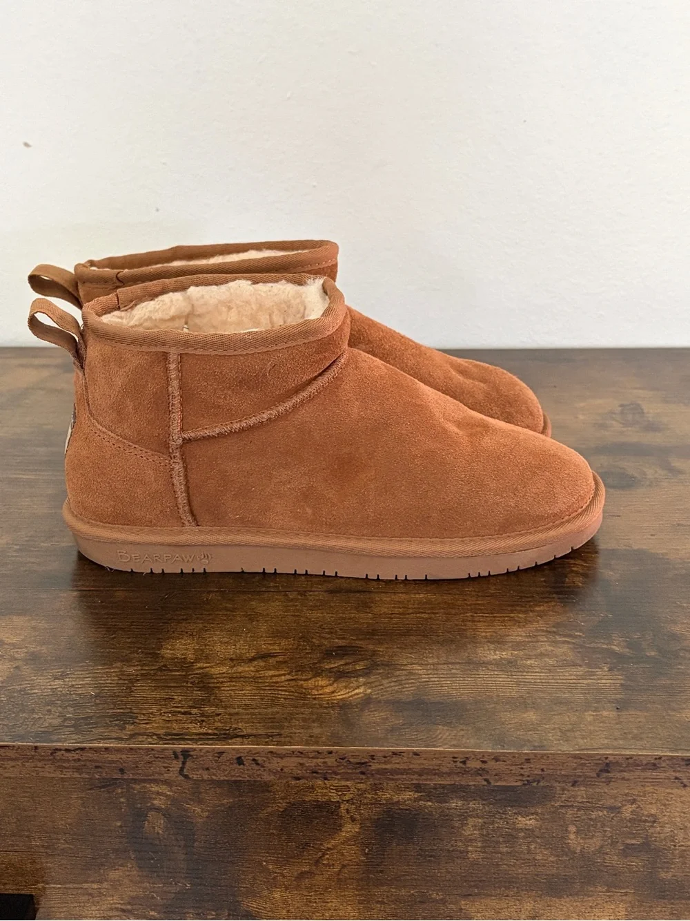 BearPaw Women's Tan Shearling-Lined Ankle Boots in Chestnut Brown